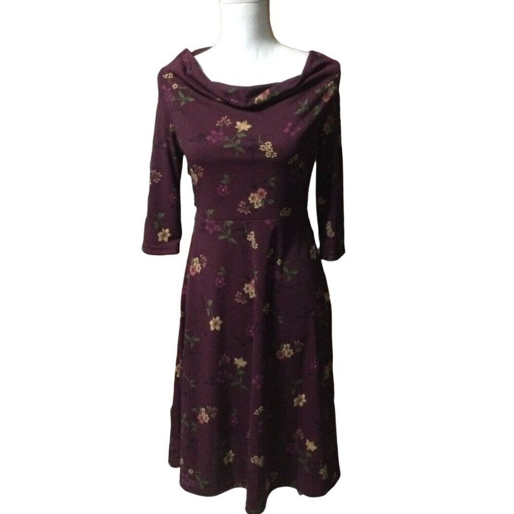 Express Vintage Floral Dress Size S Cowl Neck 3/4 Sleeve